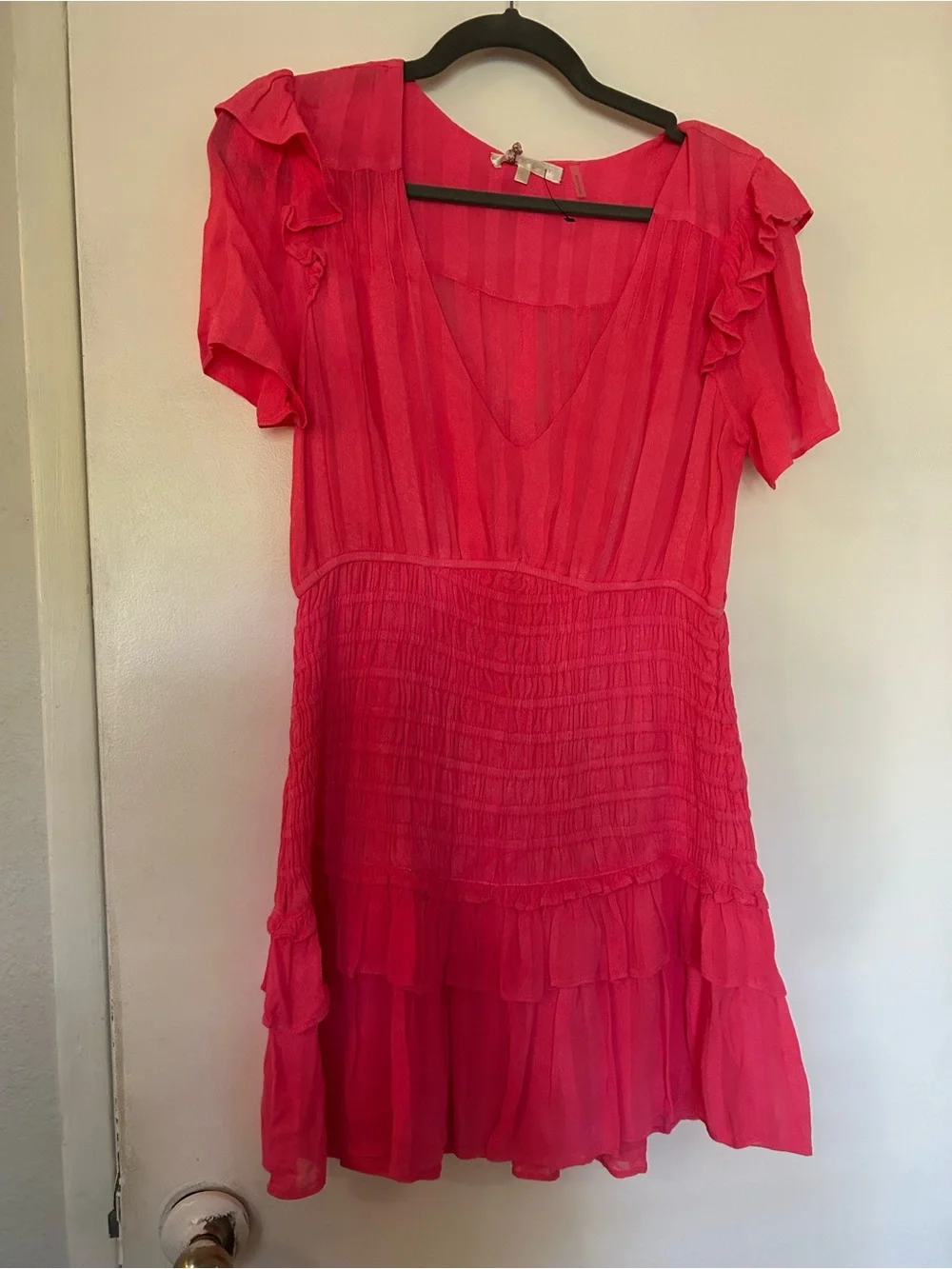 Love Shack Fancy Vibrant Pink Ruffled Tiered Mini Dress - Picture 3 of 8